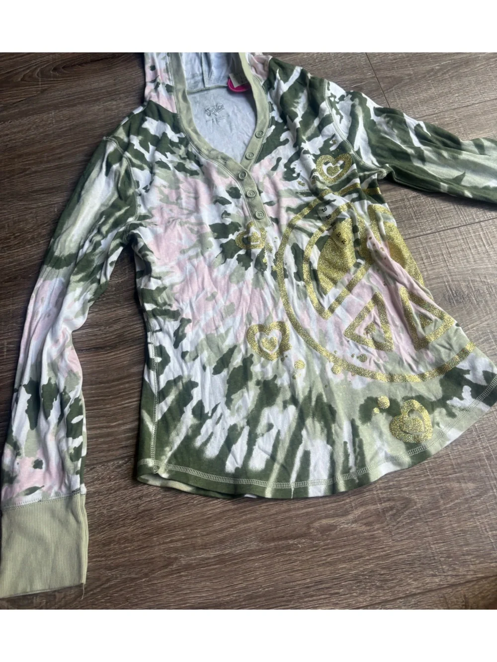 Justice Green and Pink Tie-Dye Long Sleeve Top with Gold Graphic NWT